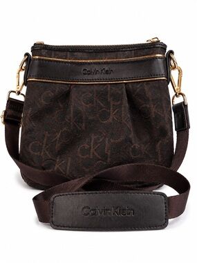 Calvin Klein CK Monogram Crossbody Bag Brown Logo Print Gold Hardware Purse